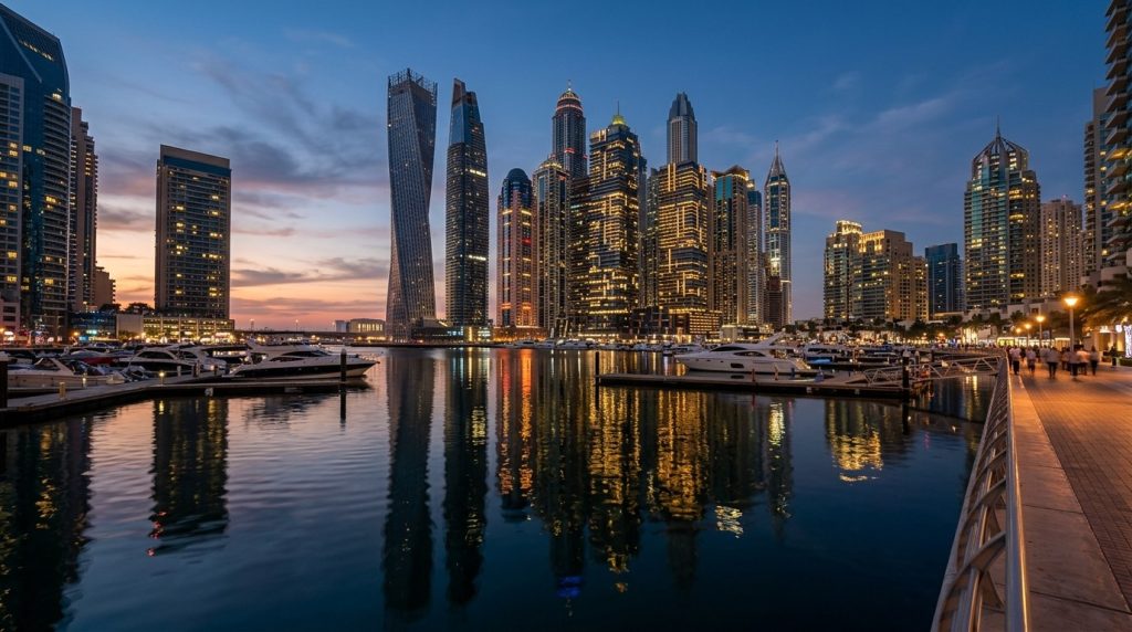 Dubai Marina skyline reflected in the water at dusk