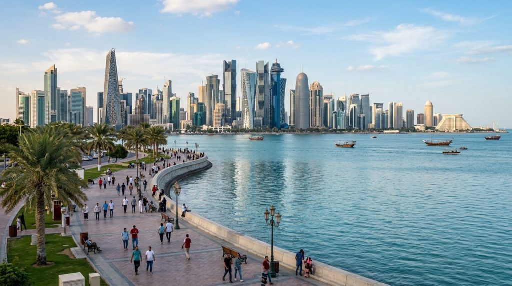 Doha Corniche promenade with the West Bay skyline across the water