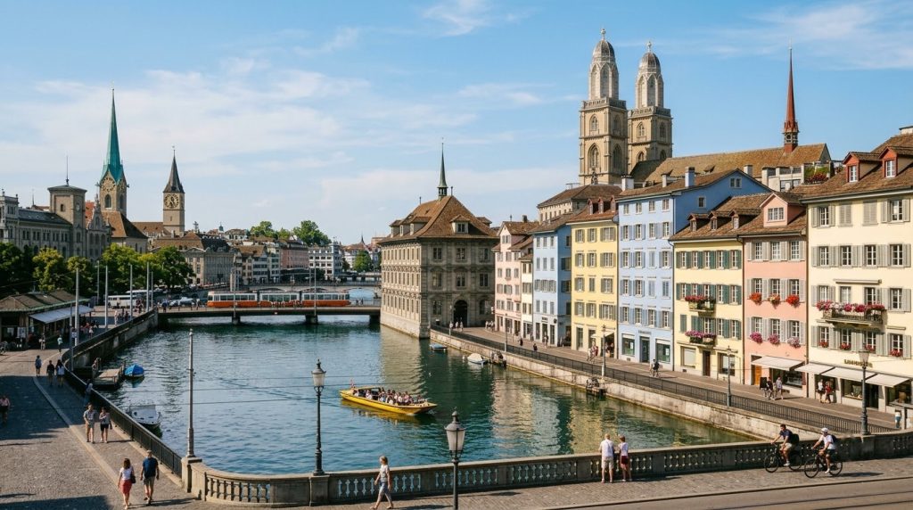 Pastel townhouses lining the Limmat River in Zurich's old town