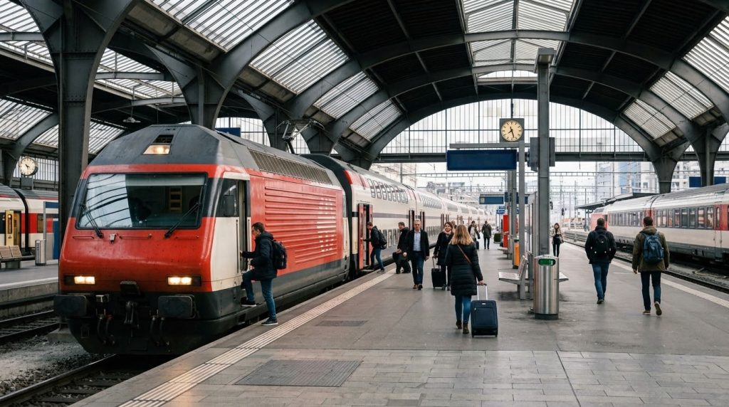 Train waiting at a platform at Zurich's Hauptbahnhof in the morning