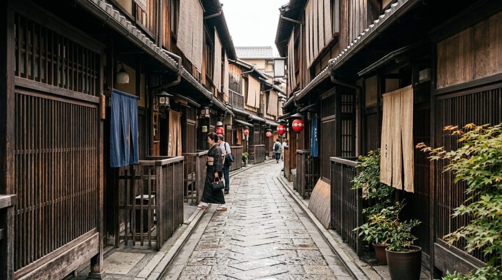 Narrow traditional alley lined with wooden houses in Gion, Kyoto