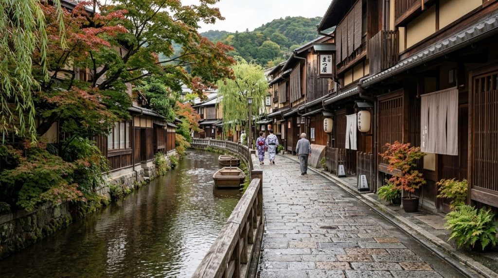 Quiet street with traditional ryokan inns along a canal in Kyoto
