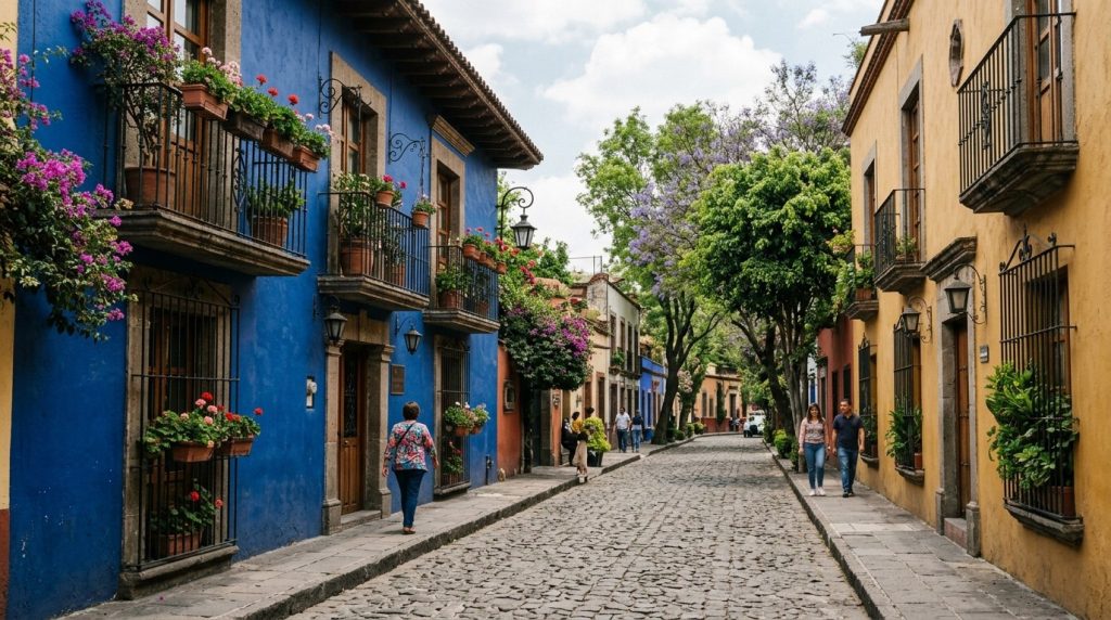 Colonial buildings along a cobbled street in Coyoacan, Mexico City