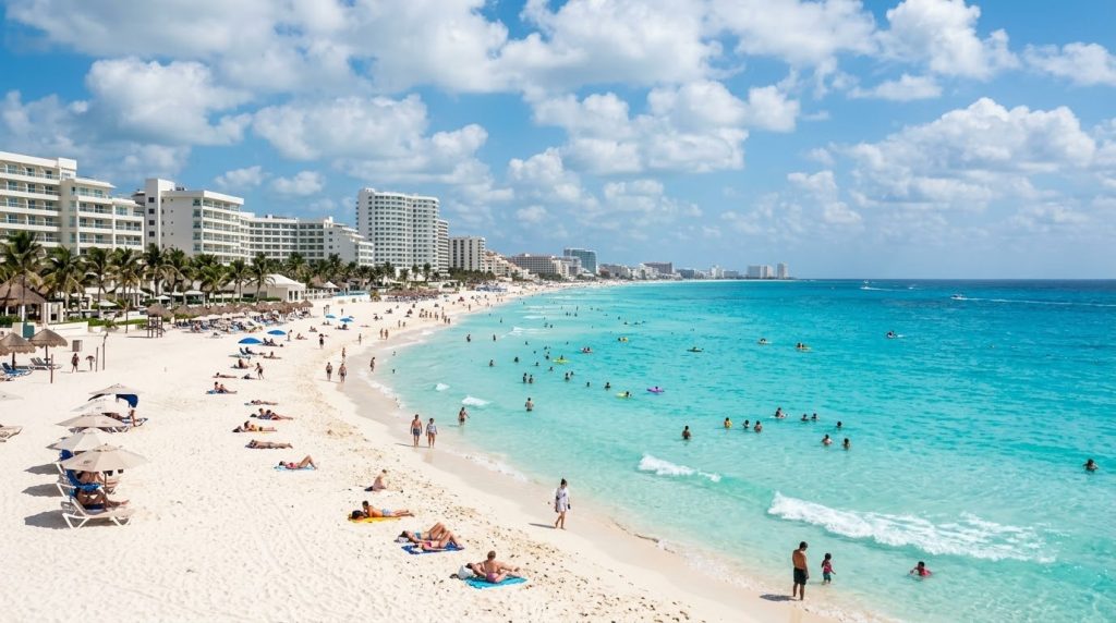 Turquoise Caribbean water along the hotel zone beach in Cancun