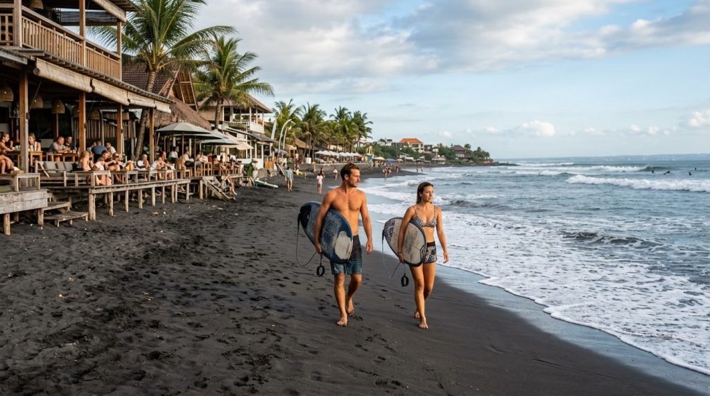 Surfers walking along a black sand beach in Canggu, Bali