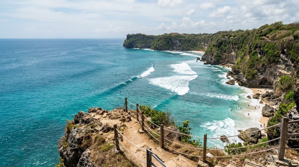 Cliff-top view overlooking a turquoise bay near Uluwatu, Bali