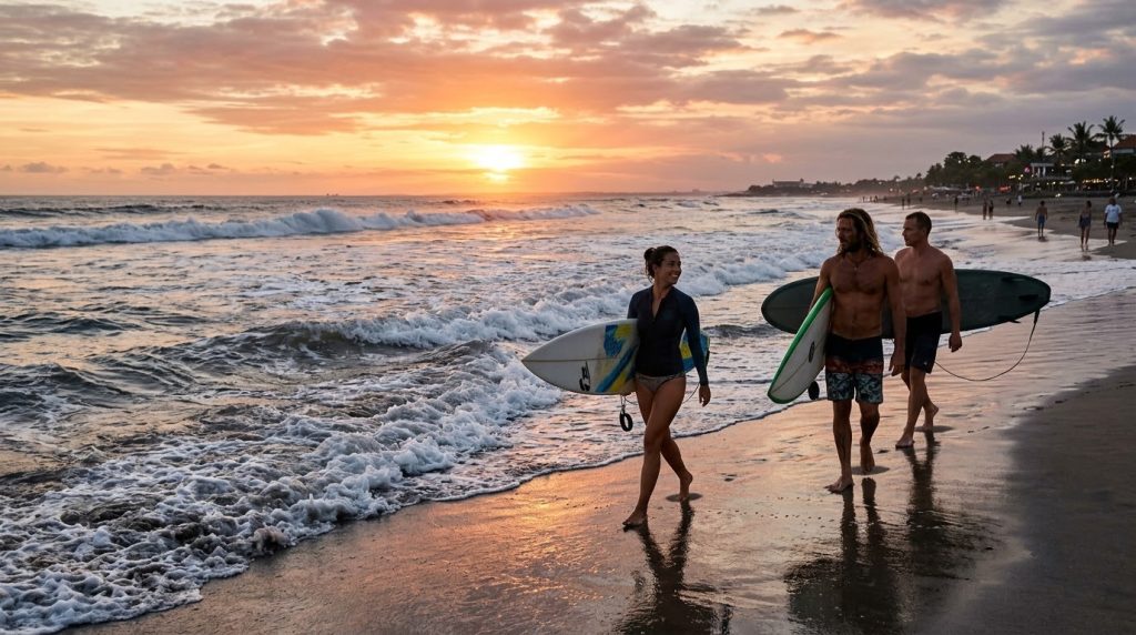 Surfers walking along Seminyak Beach in Bali at sunset