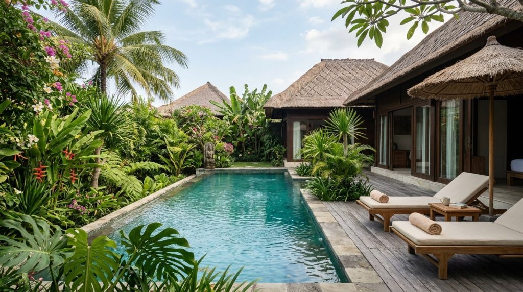 Private villa pool surrounded by tropical plants in Seminyak, Bali