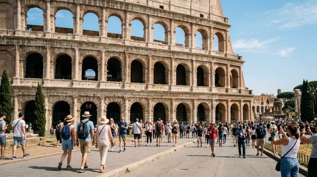 Tourists viewing the ancient arches of the Colosseum in Rome