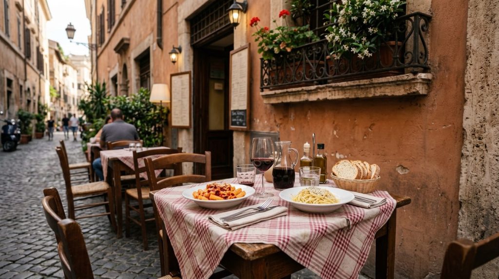 Trattoria table set with pasta and wine on a quiet Rome street