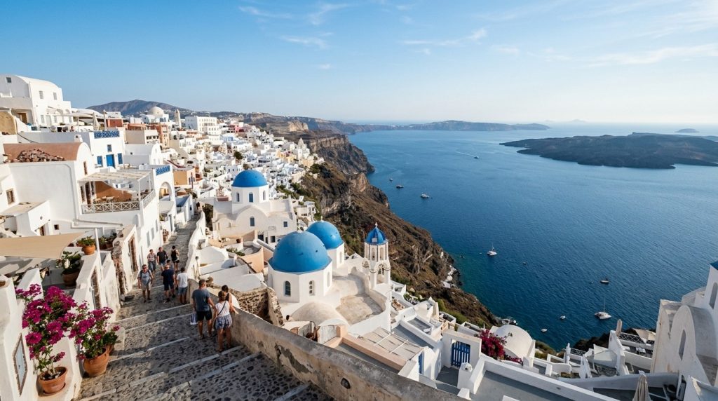 White-washed houses and blue domes overlooking the caldera in Oia