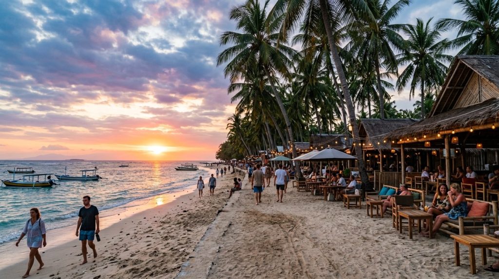 Beach bars and palm trees lining the main strip on Gili Trawangan