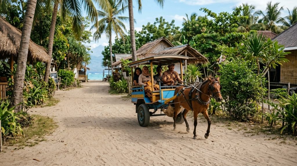 Horse-drawn cidomo cart trotting along a quiet sandy Gili Air lane