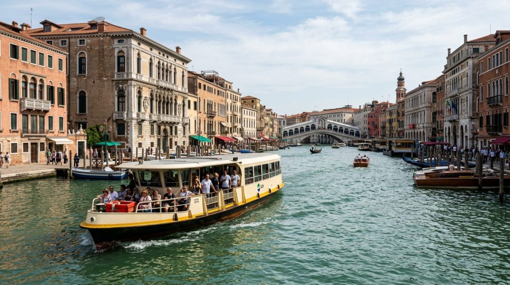 Vaporetto water bus traveling along the Grand Canal in Venice