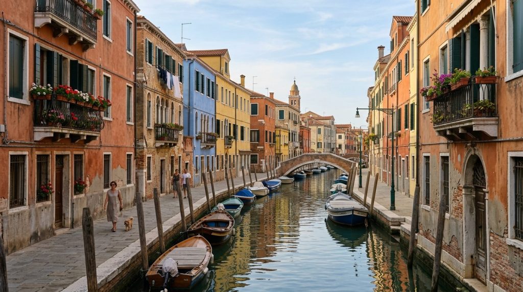 Quiet canal lined with colorful houses in Cannaregio, Venice