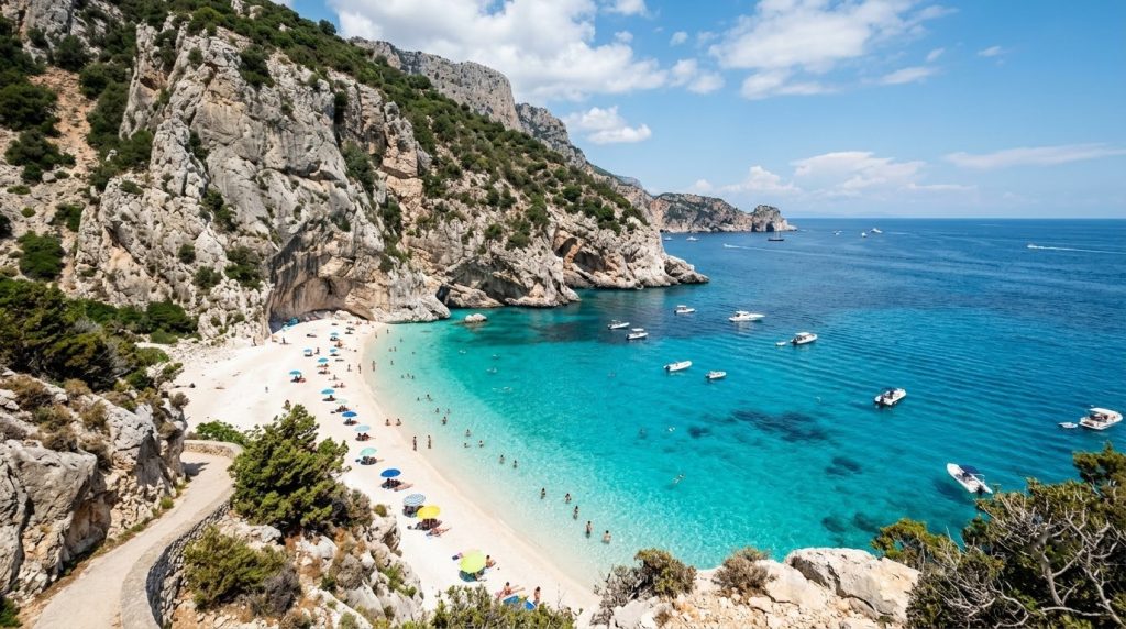 Turquoise cove with white sand at Cala Mariolu on the Sardinian coast
