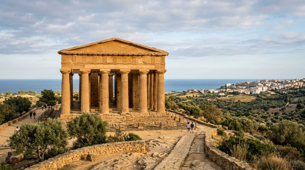Ancient Greek temple columns at the Valley of the Temples, Sicily