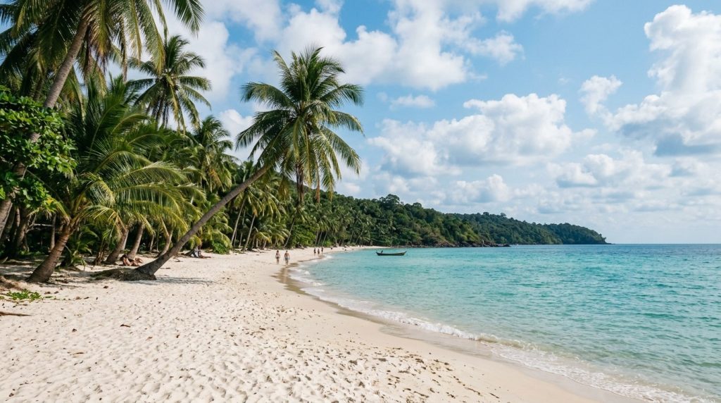 Quiet white sand beach fringed with palm trees on Phu Quoc's southern coast