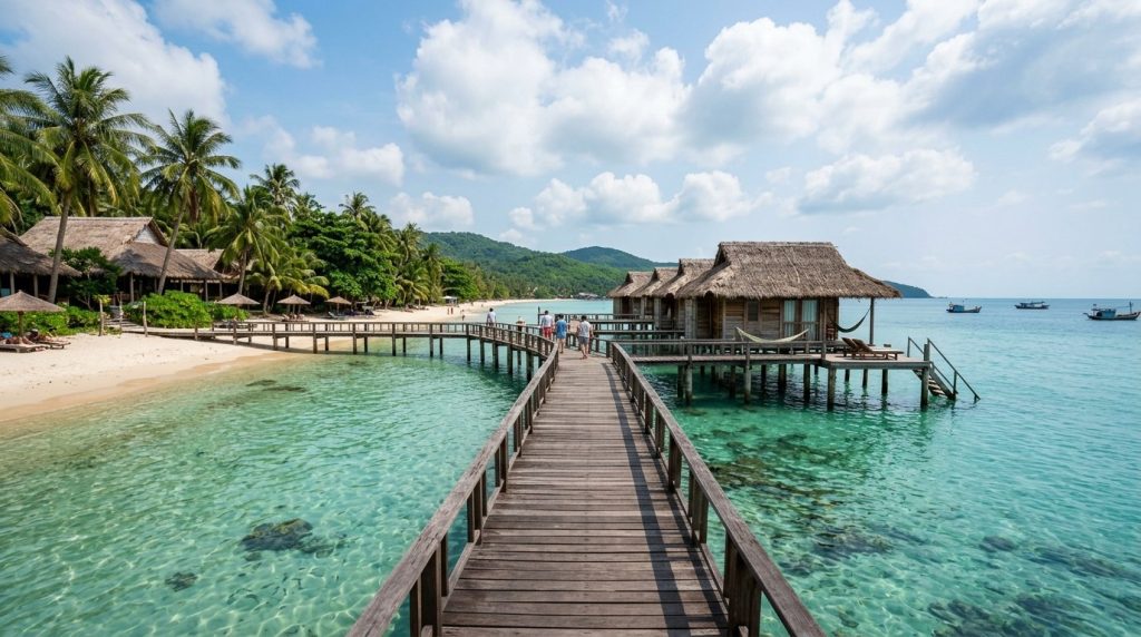 Beachfront bungalow resort with a wooden walkway over clear water, Phu Quoc