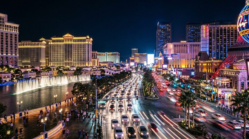 Neon lights of the Las Vegas Strip glowing against the night sky
