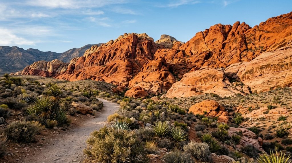 Red sandstone cliffs and desert scrub at Red Rock Canyon, Las Vegas