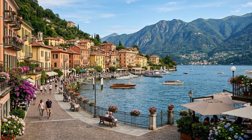 Colorful lakeside houses and a promenade in Bellagio, Lake Como