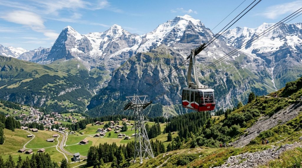 Cable car ascending toward snow-capped peaks above Grindelwald