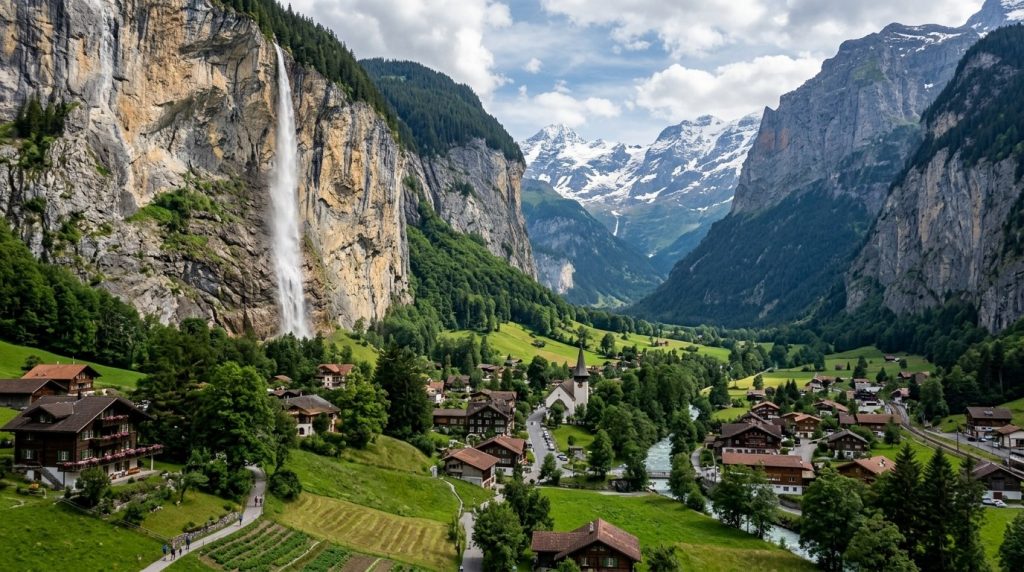 Waterfall cascading down a cliff above Lauterbrunnen village