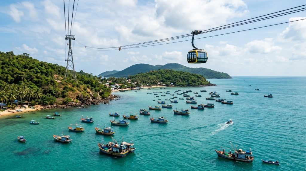 Cable car crossing turquoise water above fishing boats near Phu Quoc
