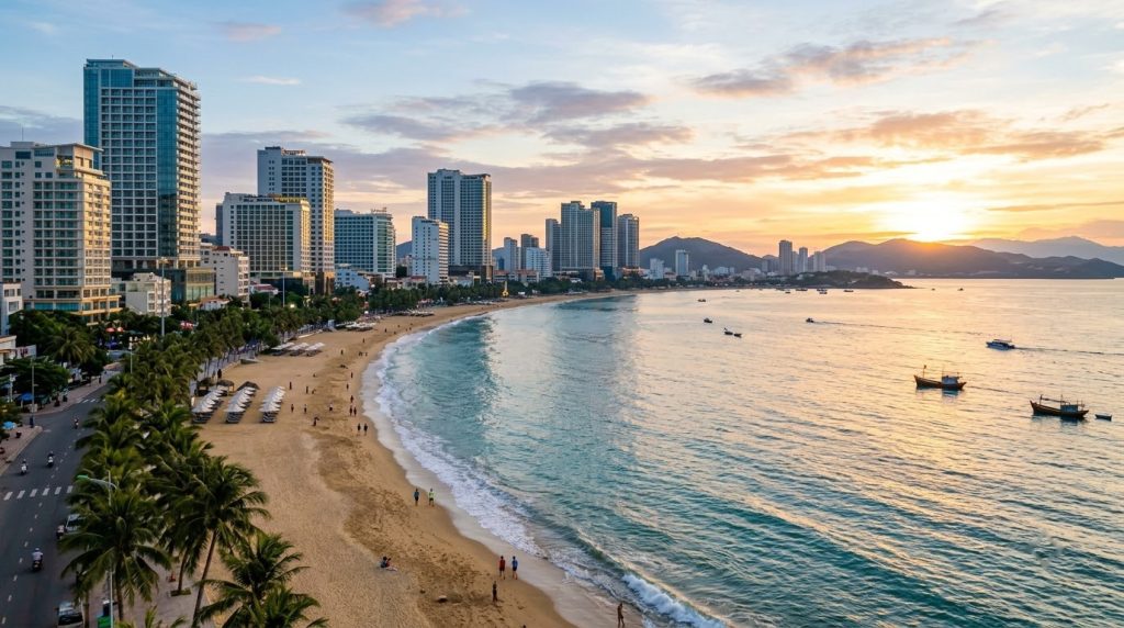 High-rise hotels lining a curved sandy beach in Nha Trang