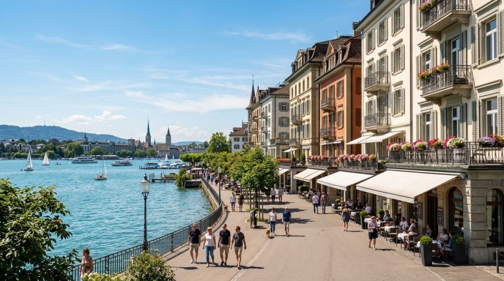 Row of boutique hotels along the lakeside promenade in Zurich