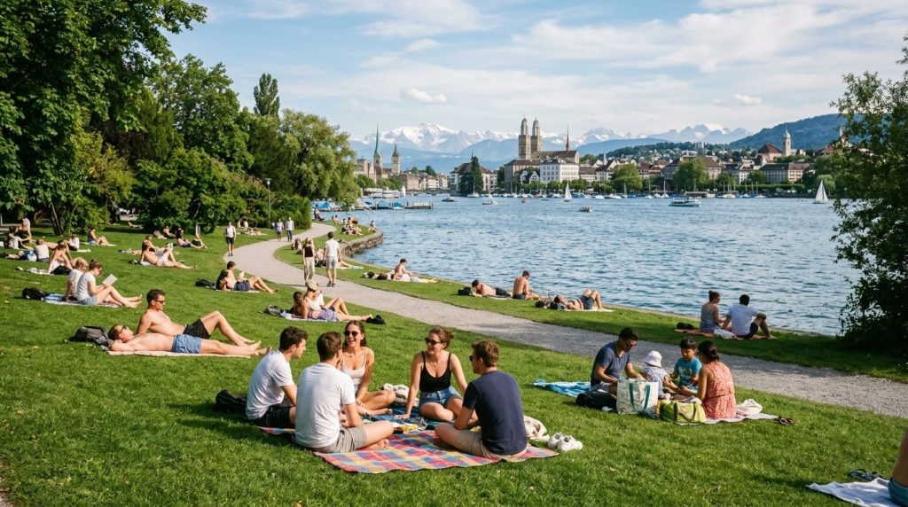 Visitors relaxing along the grassy shore of Lake Zurich afternoon