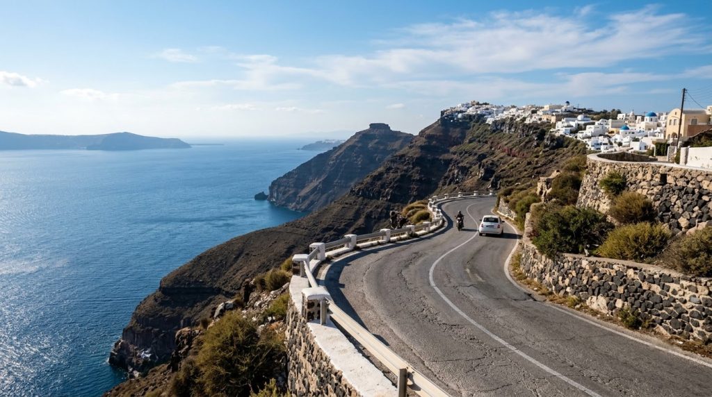 Narrow winding cliffside road above the sea in Santorini
