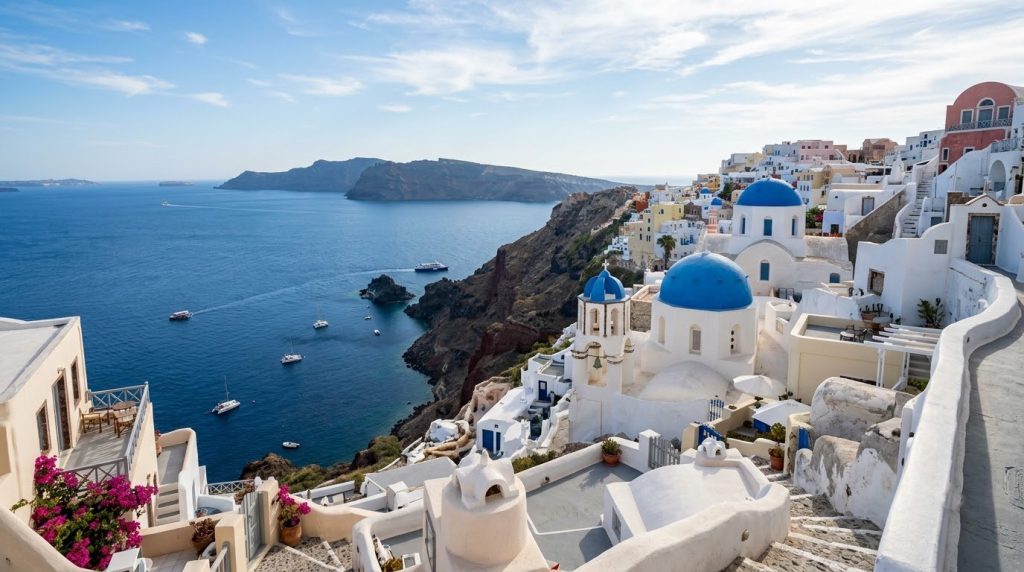 Whitewashed buildings with blue domes overlooking the caldera in Oia, Santorini