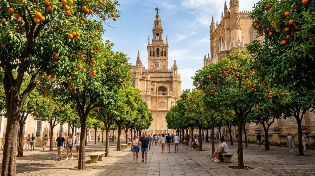 Orange trees lining a plaza near the Seville Cathedral