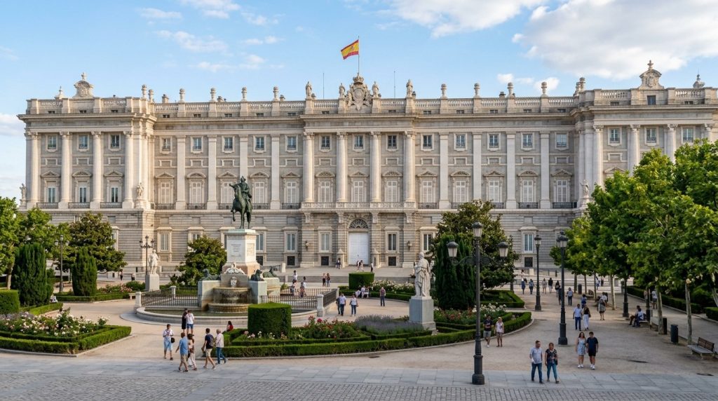 Royal Palace facade at Plaza de Oriente in Madrid