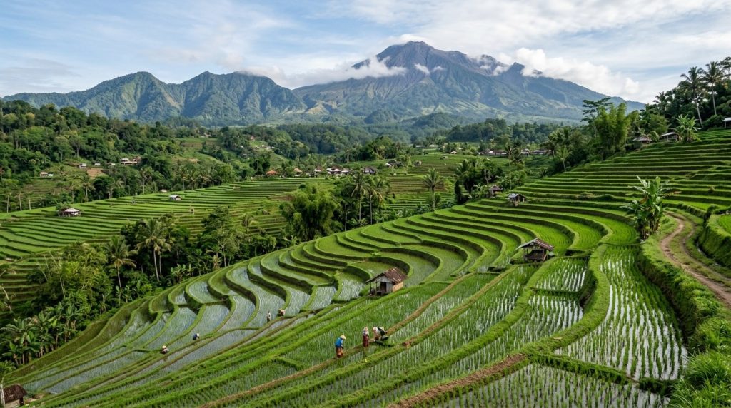 Rice terraces cascading down a hillside near Mount Rinjani, Lombok