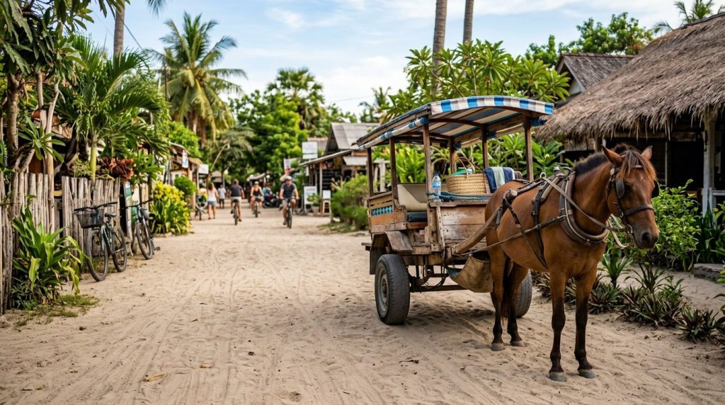 Horse cart waiting on a sandy car-free Gili Islands lane