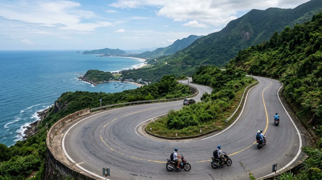 Winding coastal road over the Hai Van Pass with sea views, Vietnam