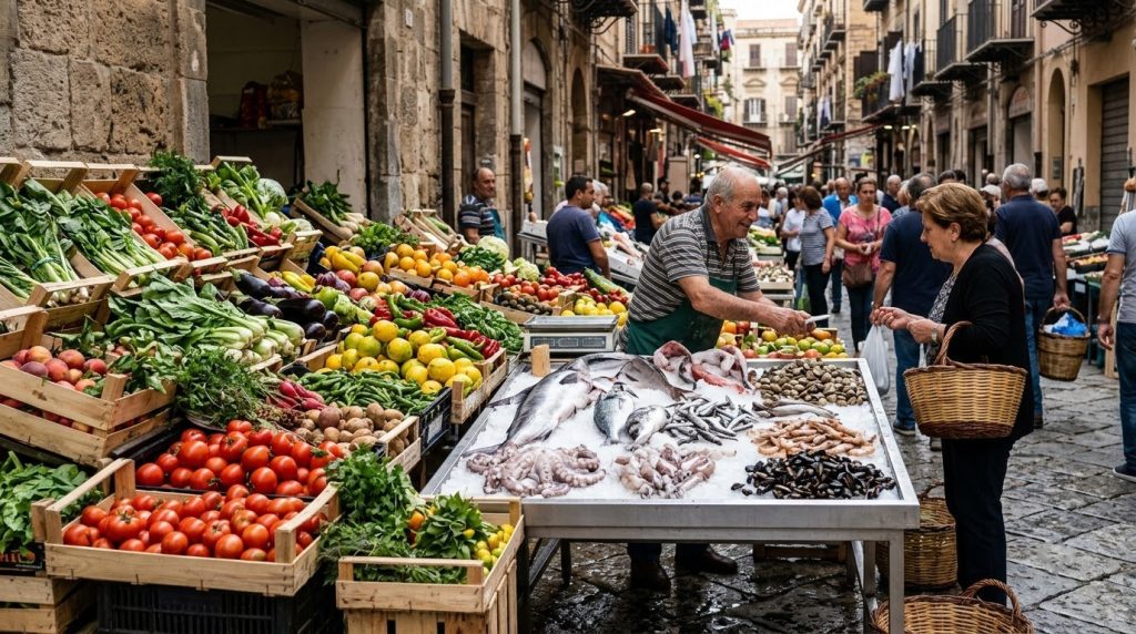 Market stall piled with fresh produce and seafood in Palermo