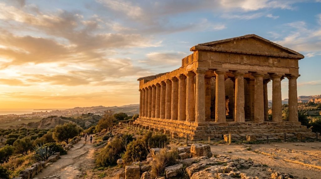 Ancient Greek temple columns in golden light, Valley of the Temples