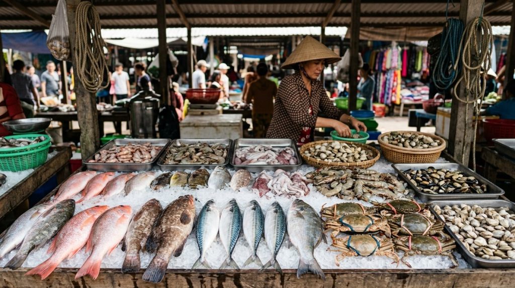 Fresh seafood displayed on ice at a market stall in Phu Quoc