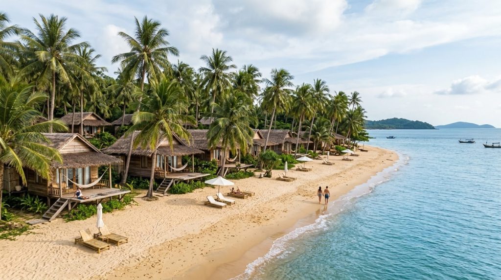 Beachfront bungalow resort among palm trees in Phu Quoc