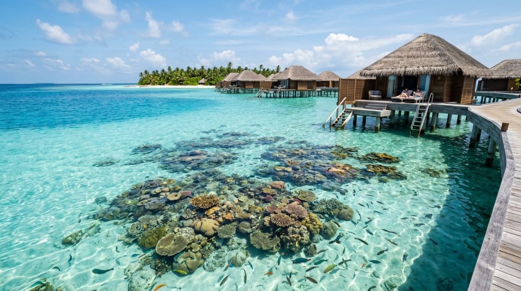 Clear turquoise water over a coral reef near an overwater bungalow, Maldives