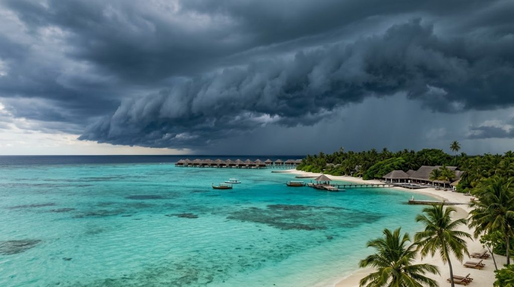 Dark storm clouds gathering over a turquoise lagoon near a resort island, Maldives