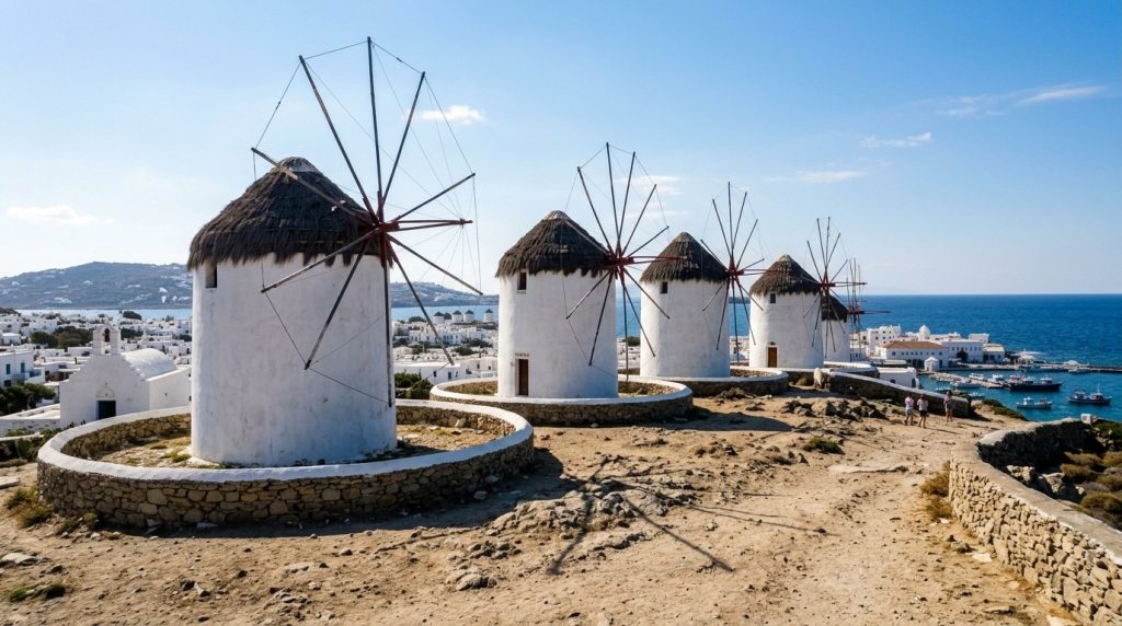 Iconic white windmills overlooking the sea in Mykonos Town