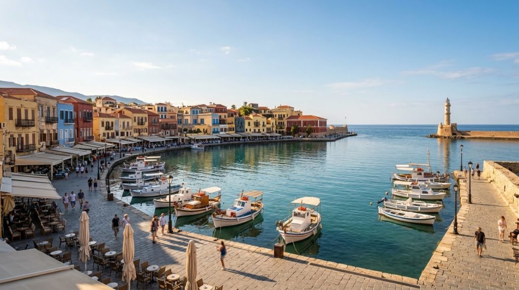 Venetian harbor with colorful buildings in Chania, Crete