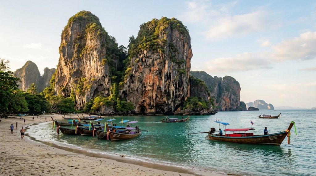 Limestone cliffs rising above longtail boats on Railay Beach, Krabi