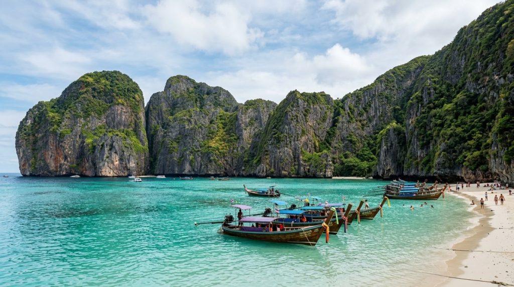 Turquoise water surrounding limestone cliffs at Maya Bay, Koh Phi Phi