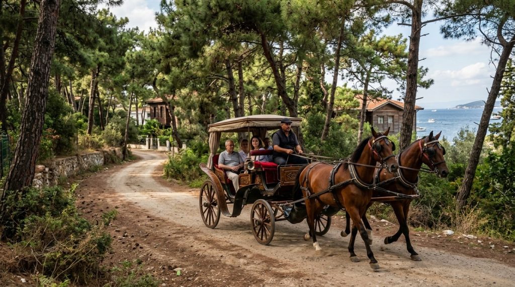 Horse-drawn carriage trotting along a pine-lined lane on Büyükada